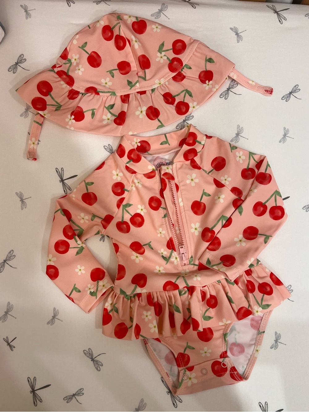 Little Me Pink Cherry Print Ruffle Swim Top with Matching Hat